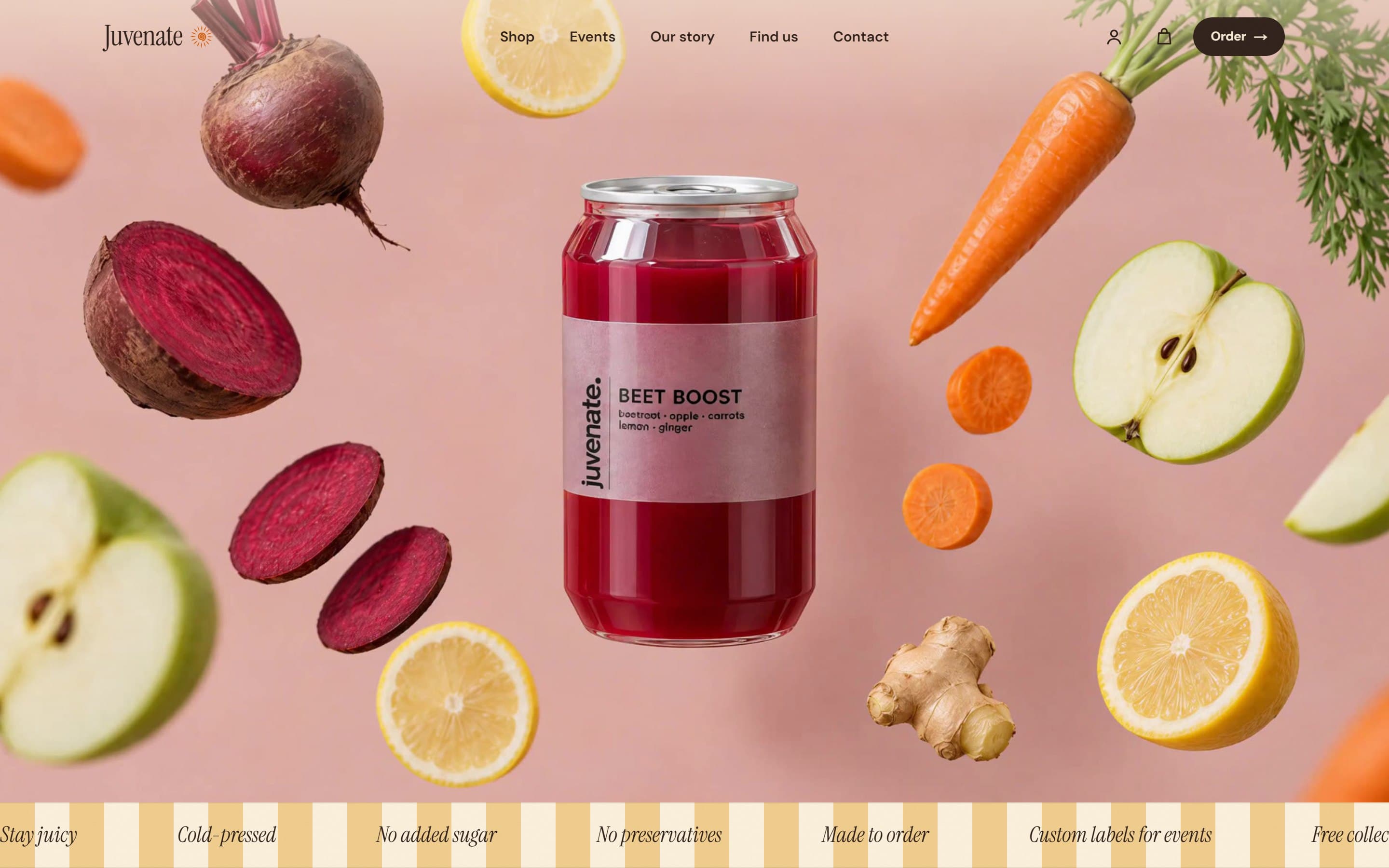 The Juvenate home page: a can of Beet Boost on dusty rose, with the beetroot, apple, carrot, lemon and ginger it is pressed from floating around it